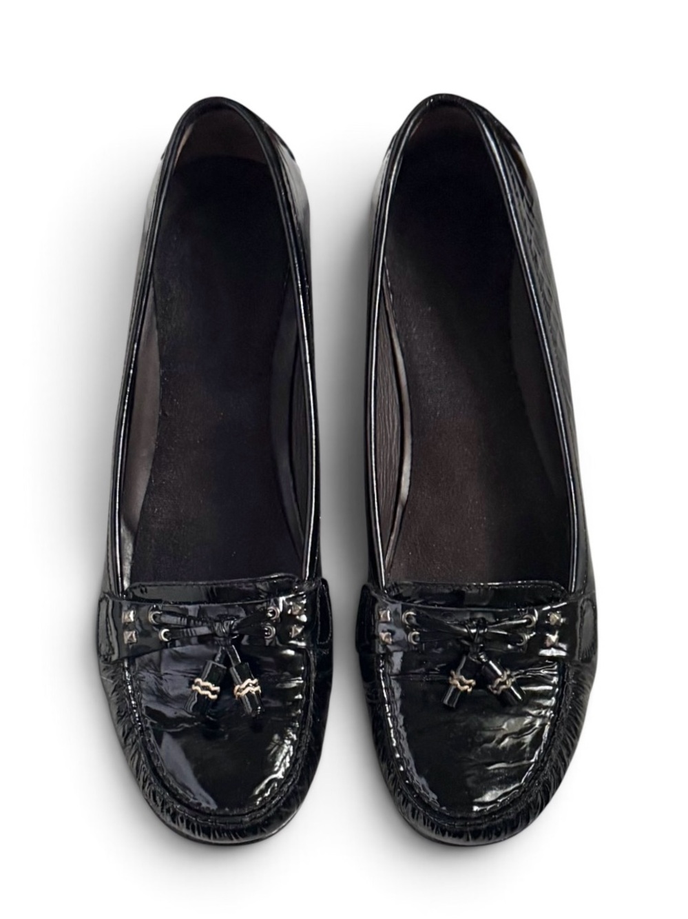 Stuart Weitzman Black Soft Patent Leather Tassel Country Club Loafers Size 7.5